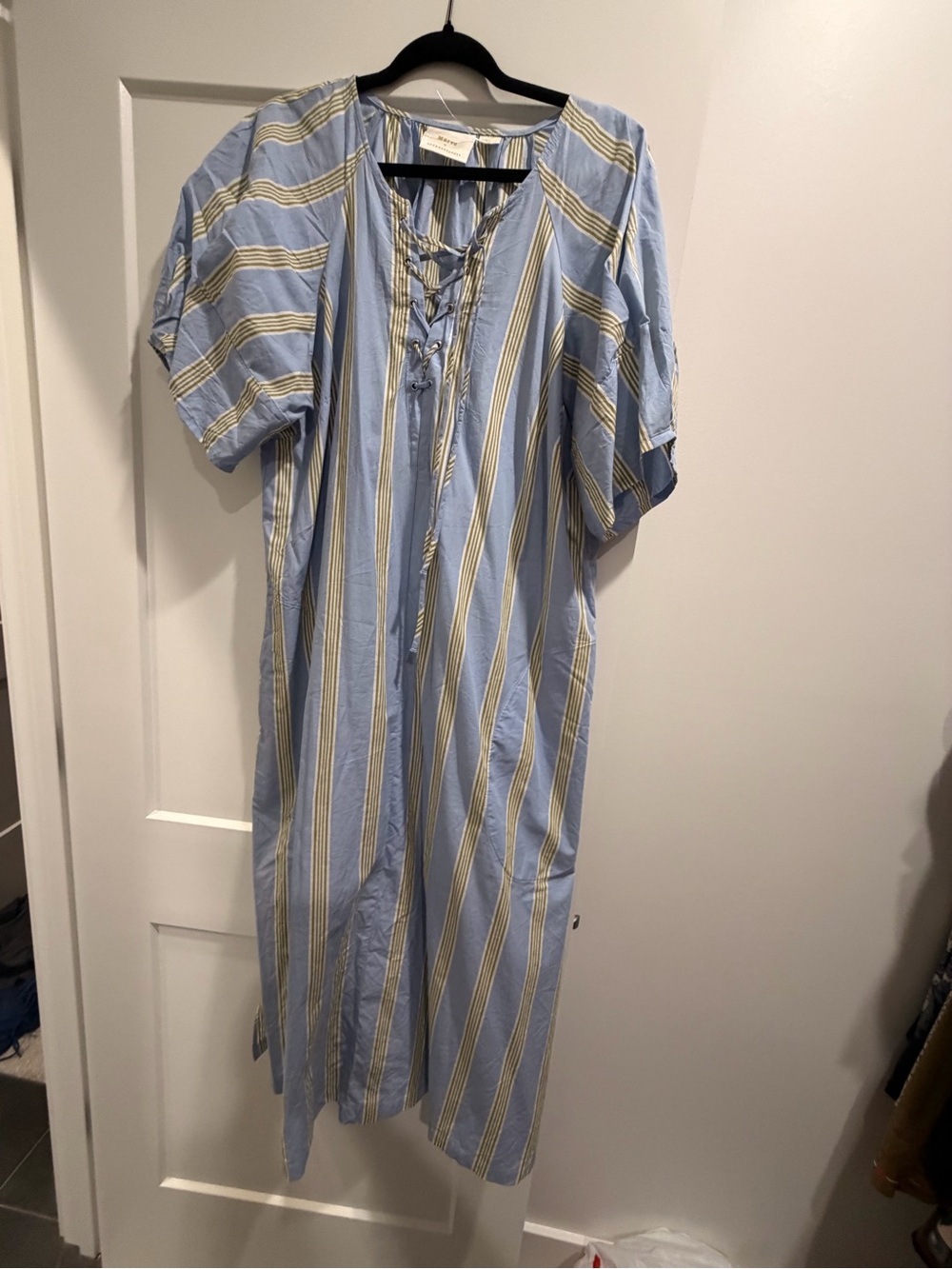 Anthropologie Pale Blue & Yellow Striped Lace-Up Maxi Dress